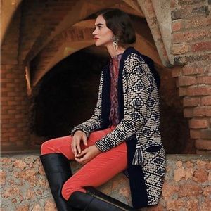 Anthropologie Fiet Voor 2 Wool Blend Tassel Jacquard Cardigan Coat Hooded XS P